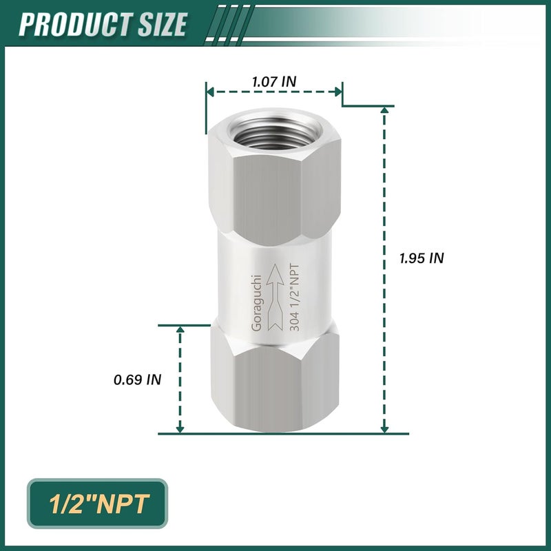 Goraguchi 1PCS Stainless Steel 1/2" NPT Female Check Valve, Way Non-Return Check Valves, Backflow Prevention for fuel/air/liquid/oil/gas - Image 2